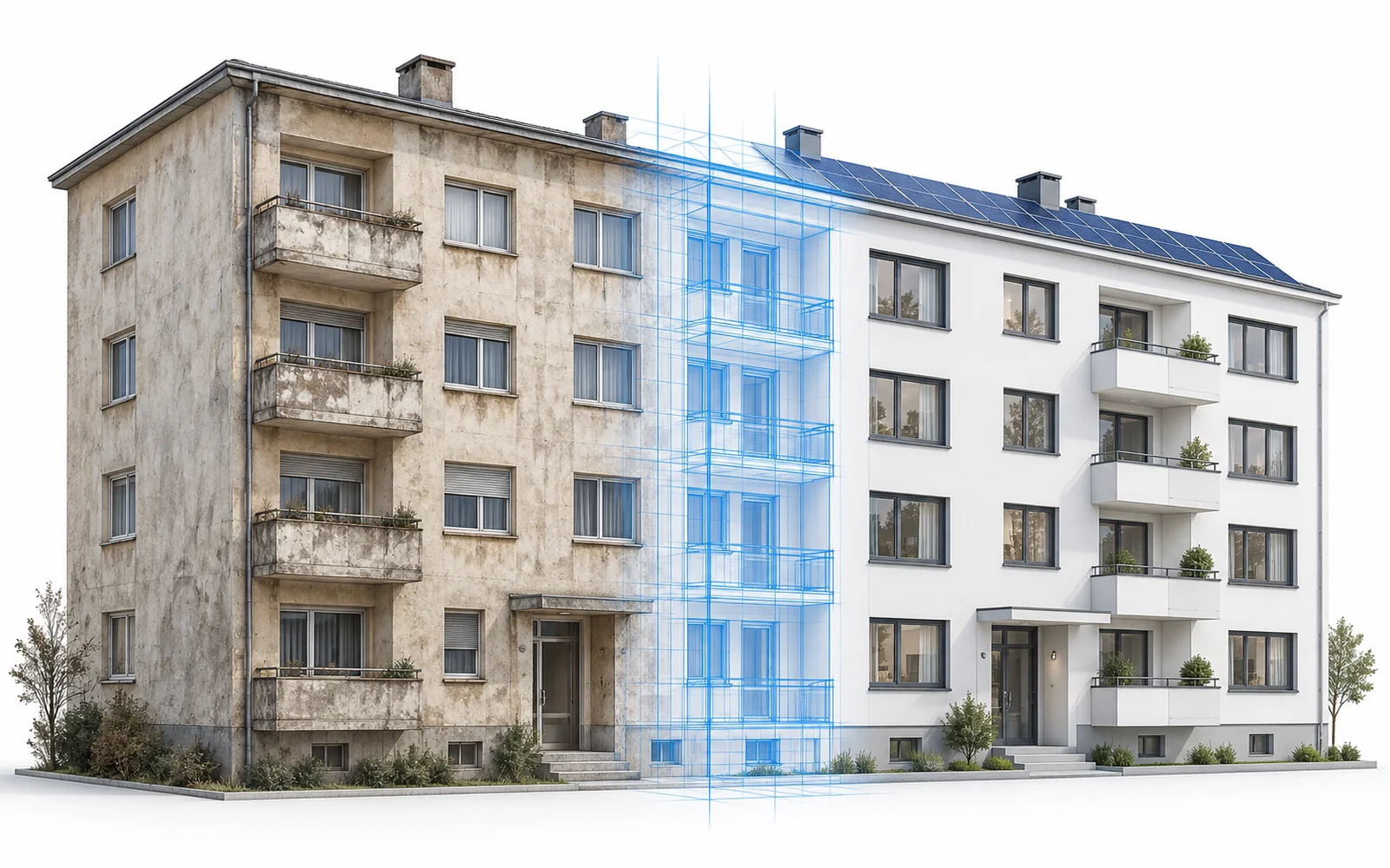 Ein Wohnhaus der siebziger Jahre im Wandel: links die gealterte Fassade, rechts sanierte Balkone und ein Solardach, verbunden durch blaue digitale Linien.